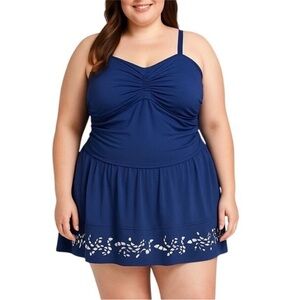 NEW D&Co Beach One Piece Swim Dress Blue Laser Cut US Size 14